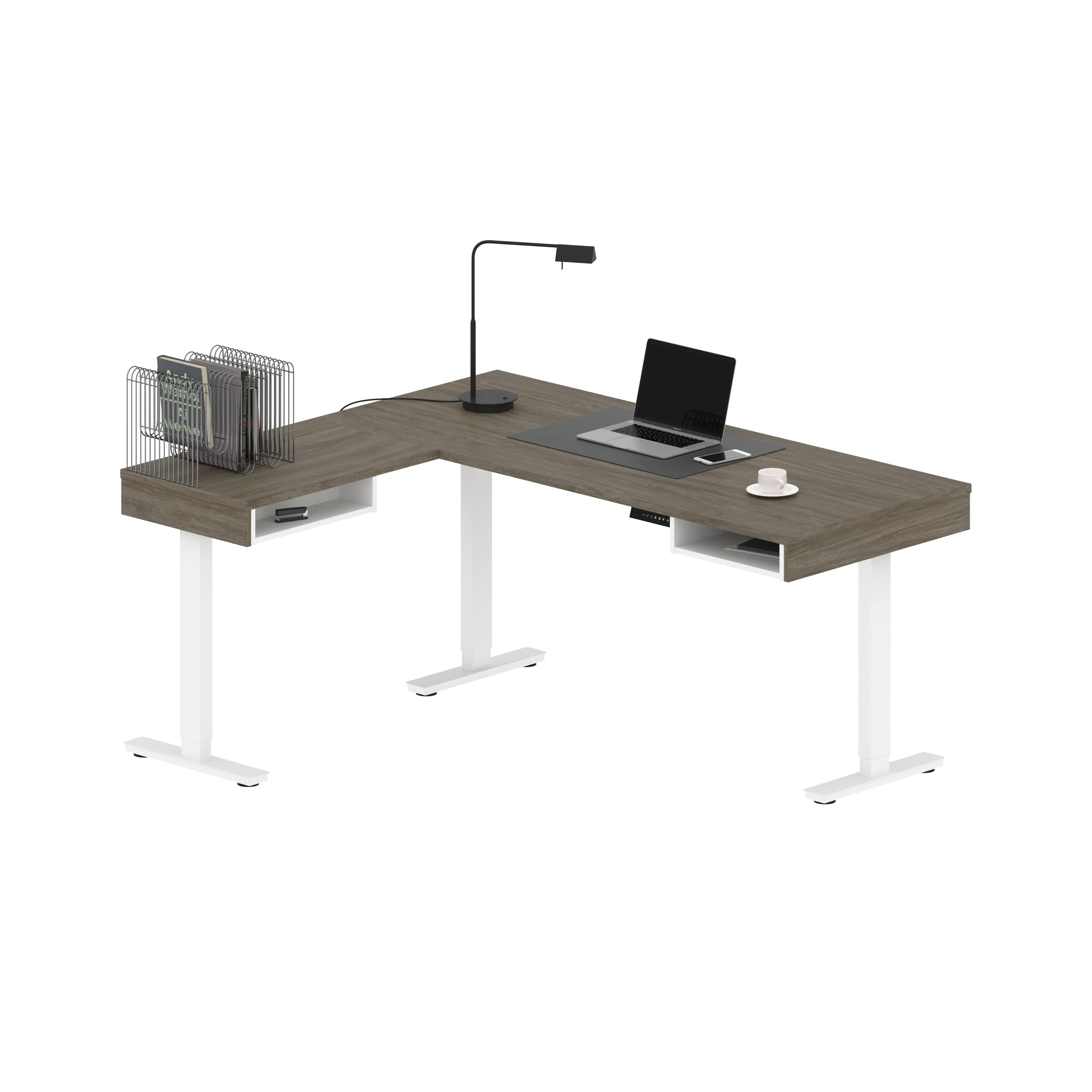 71" Adjustable Walnut Gray and White L-Shaped Standing Desk - Image 2