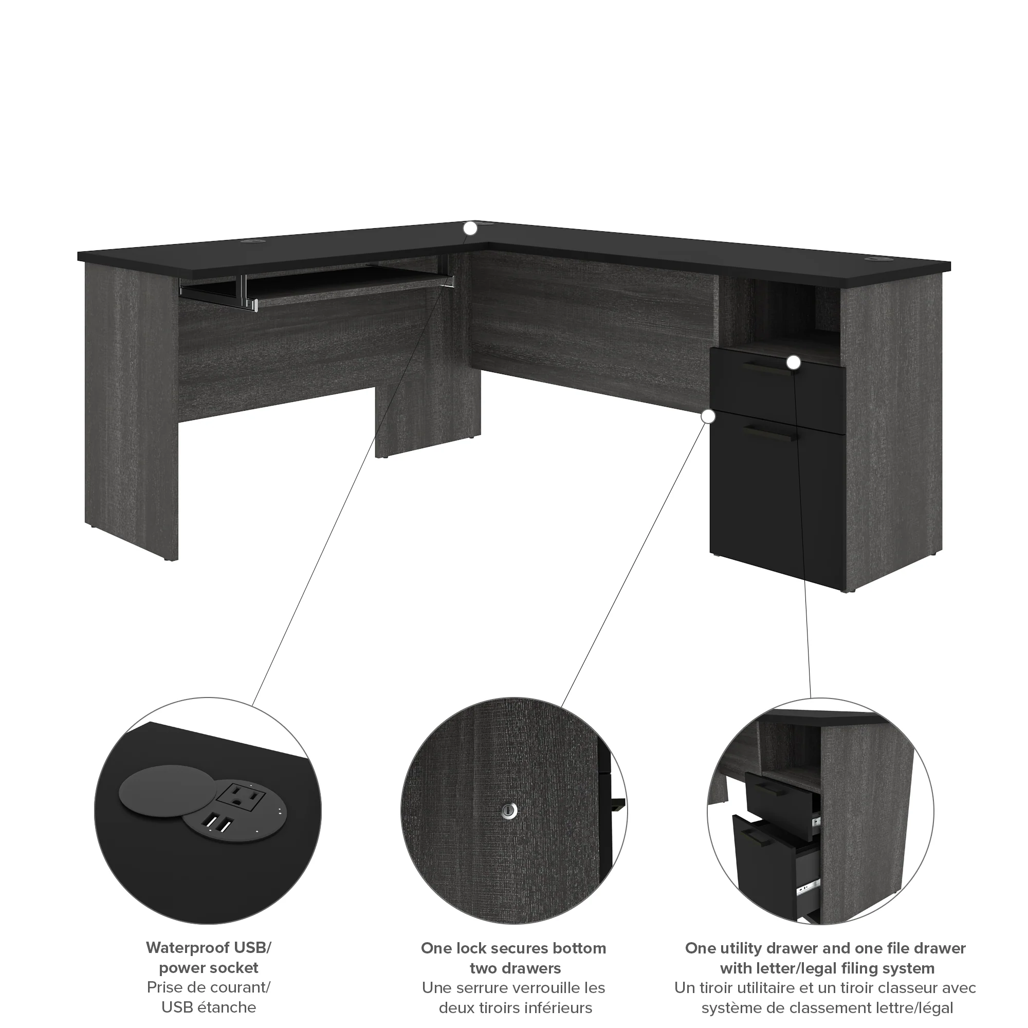 Bark Gray & Black Modern L-shaped Desk with Hutch - Image 6