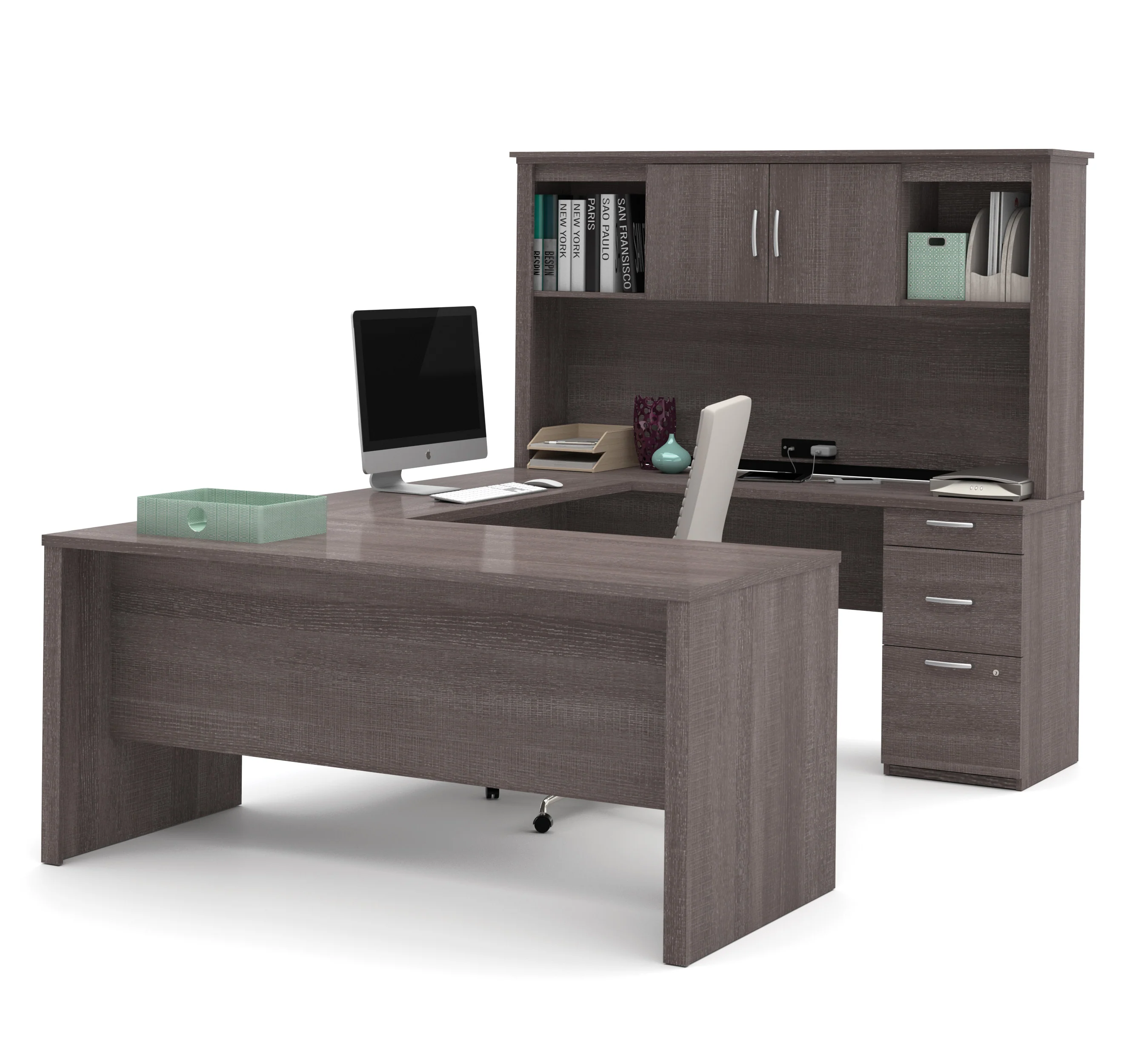 Bark Gray Premium Modern U-shaped Desk with Hutch - Image 3