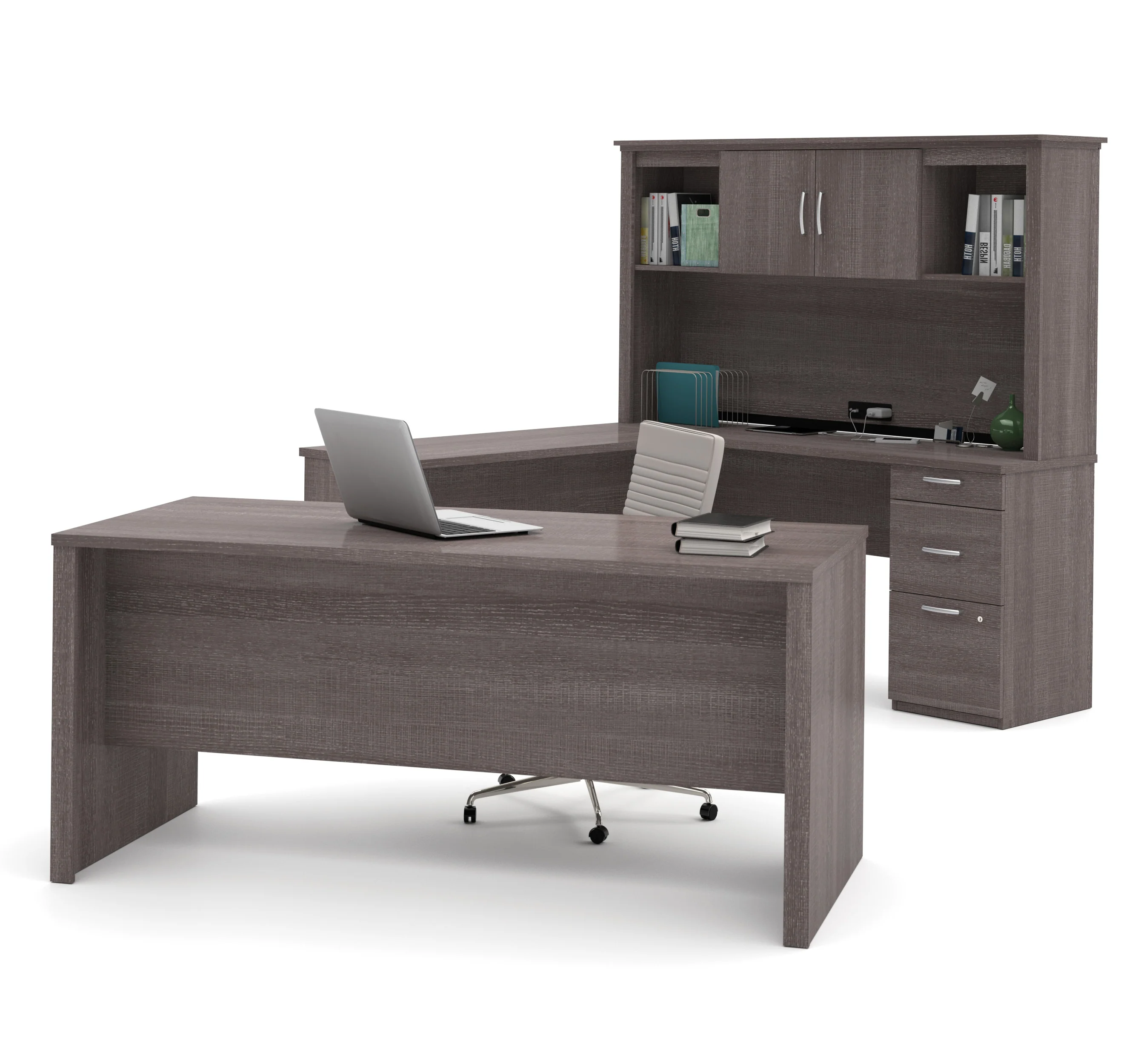 Bark Gray Premium Modern U-shaped Desk with Hutch - Image 4
