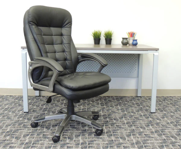 Black Faux Leather & Pewter Office Chair w/ Pillow Top Cushions - Image 4