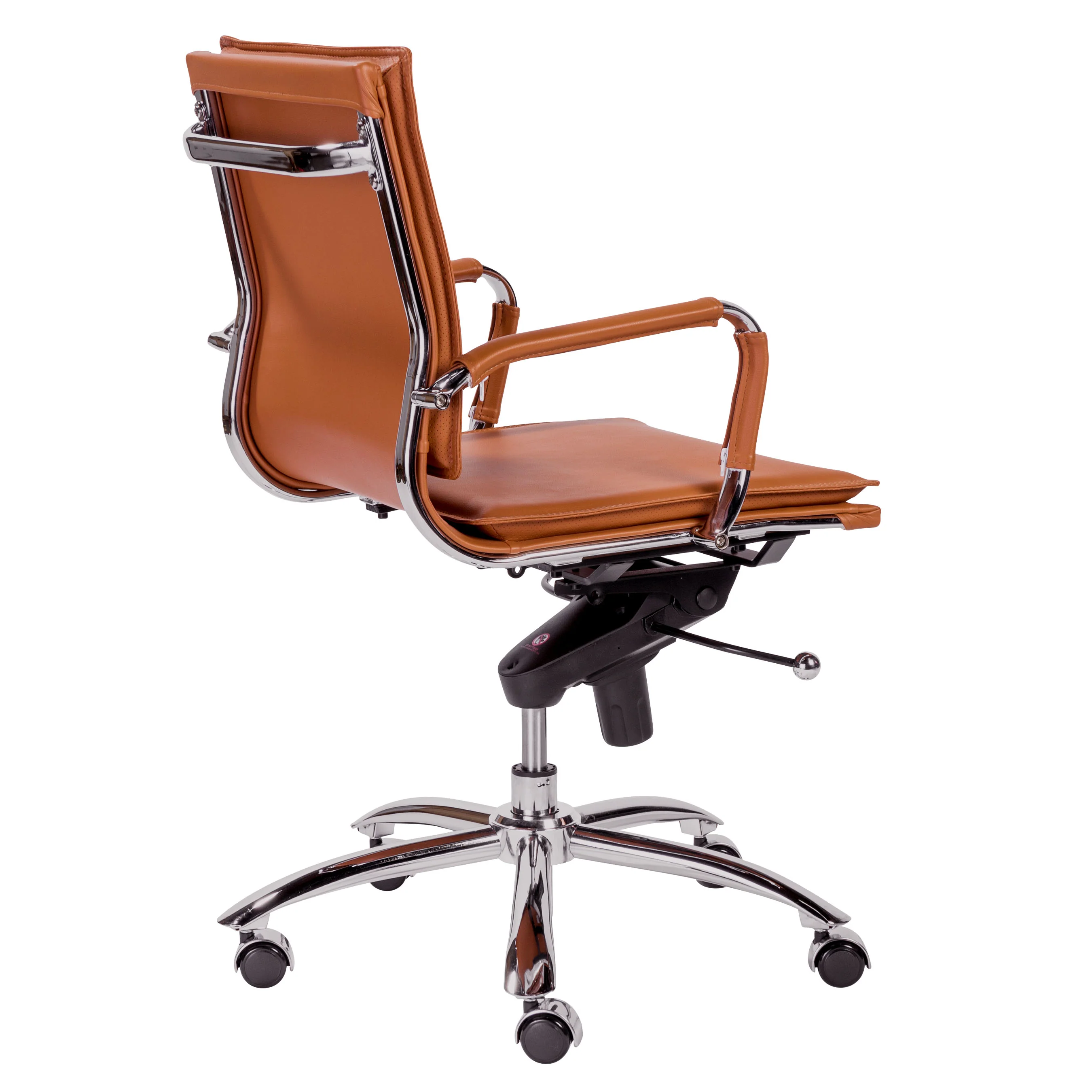 Low Back Cognac Leather & Chrome Modern Office Chair - Image 3