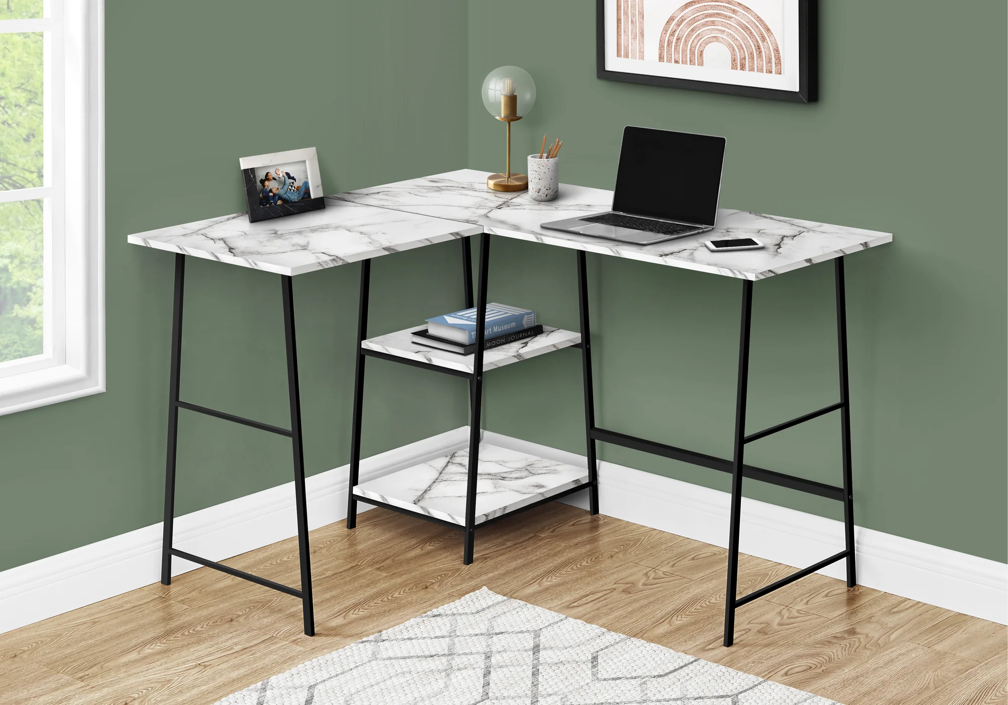 47" White Marble Industrial-Style L-Shaped Writing Desk with Open Shelves - Image 2