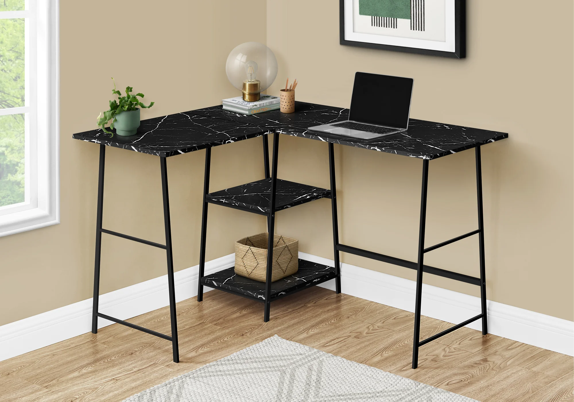 47" Black Marble Industrial-Style L-Shaped Writing Desk with Open Shelves - Image 2