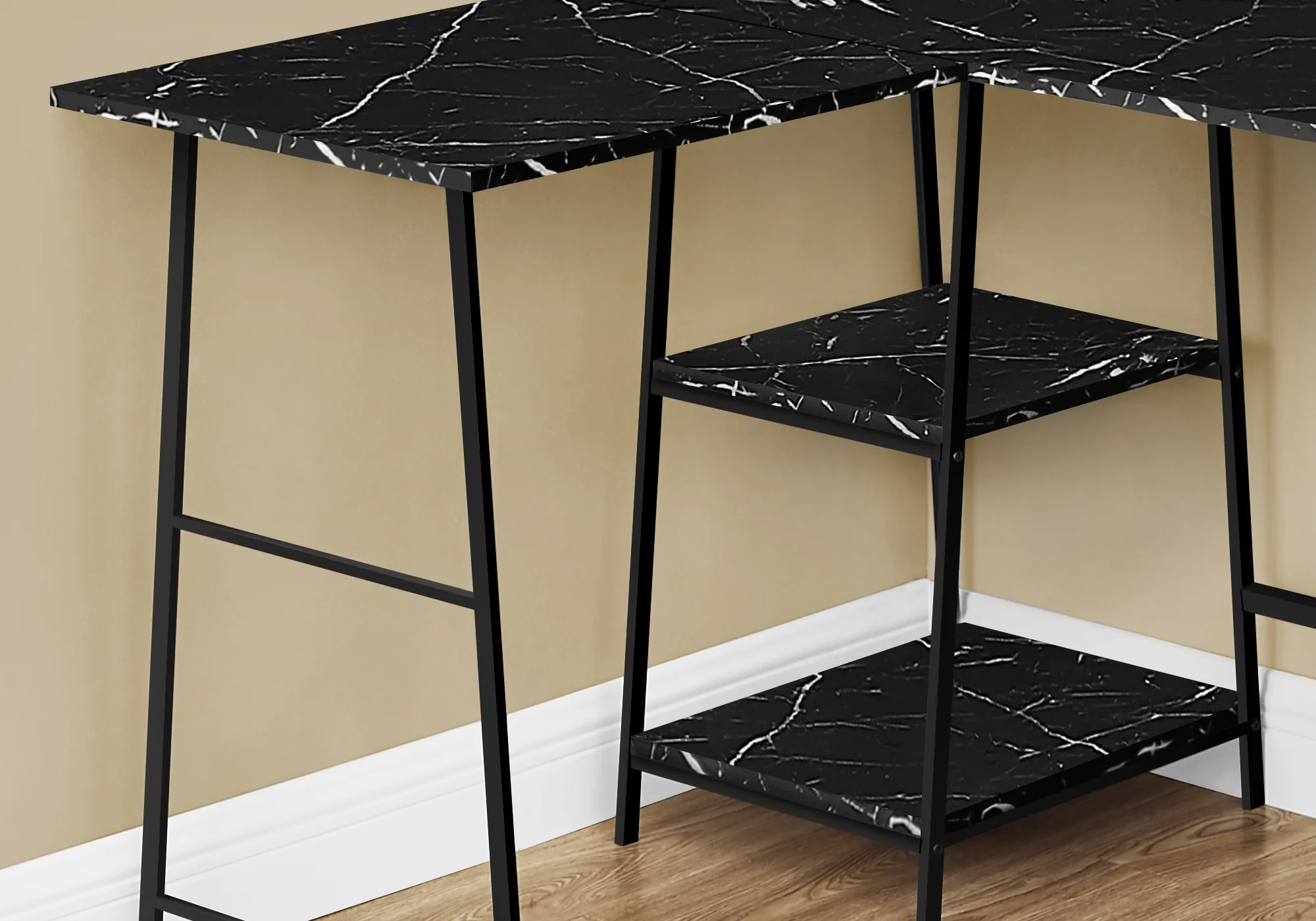 47" Black Marble Industrial-Style L-Shaped Writing Desk with Open Shelves - Image 3
