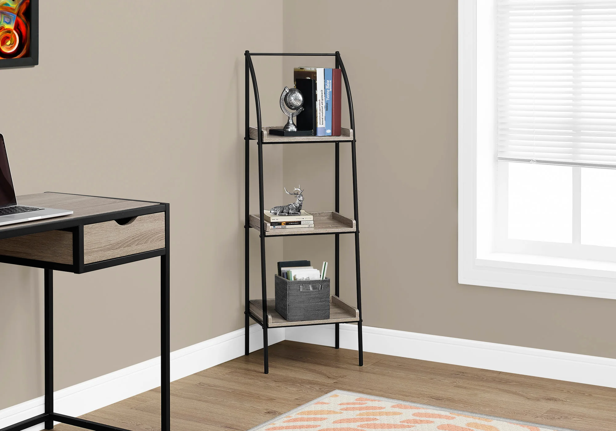 Dark Taupe and Black Curved Bookcase with Three Shelves