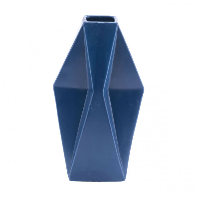 Matte Blue Ceramic Vase w/ Geometric Design - Image 2