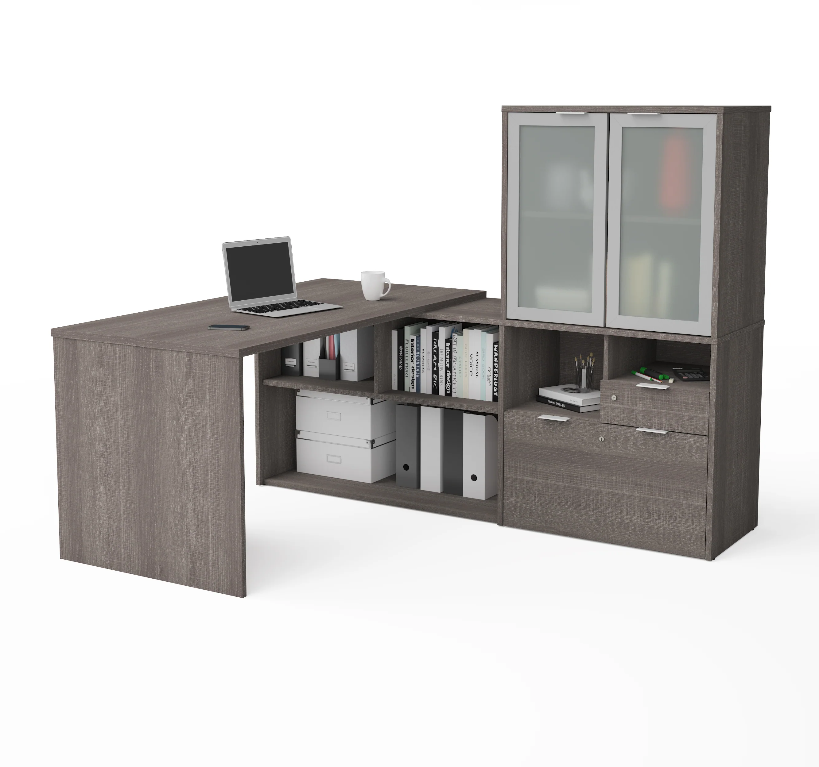 71" Bark Gray L-shaped Desk with Frosted Hutch - Image 2