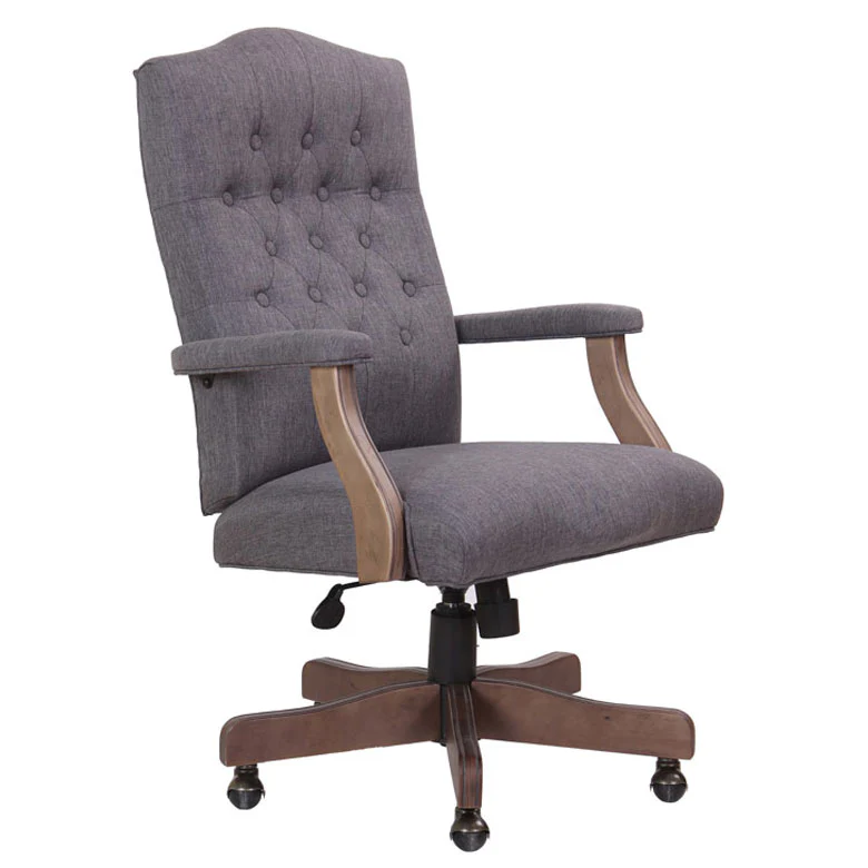 Elegant Slate Gray Linen & Driftwood Button-Tufted Office Chair - Image 3