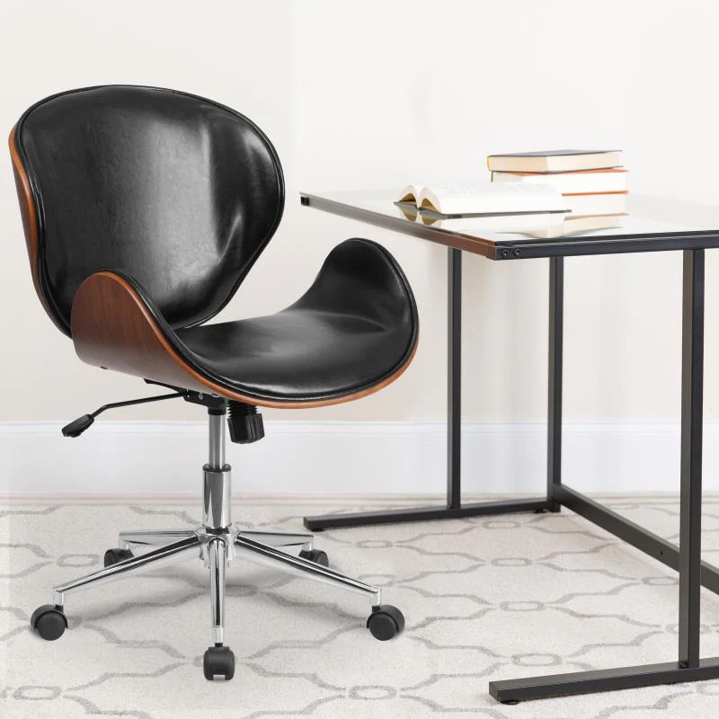 Handsome Mid-Century Walnut and Black LeatherSoft Office Chair - Image 2