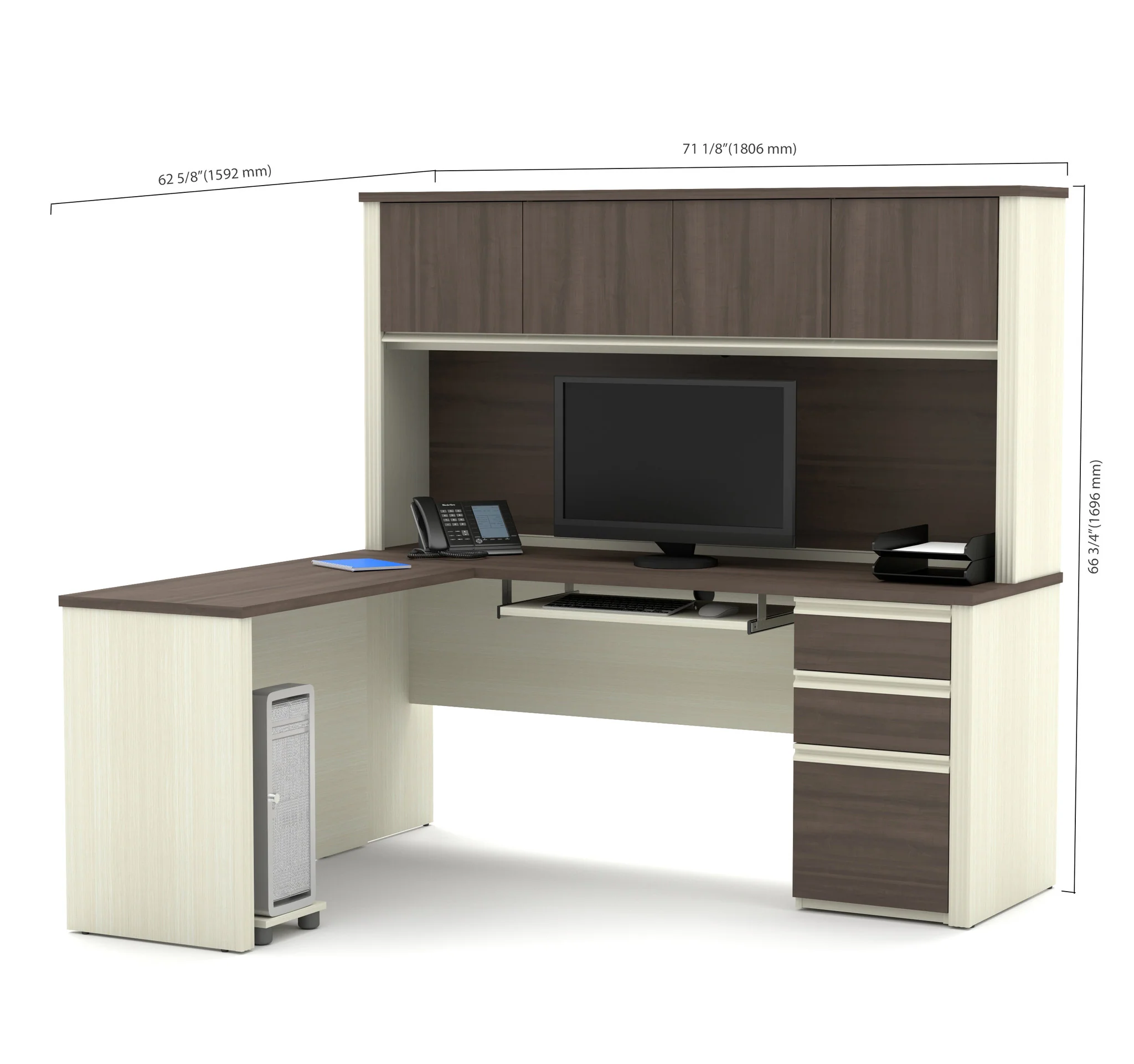 L-shaped Desk with Hutch in Modern White Chocolate & Antigua - Image 4