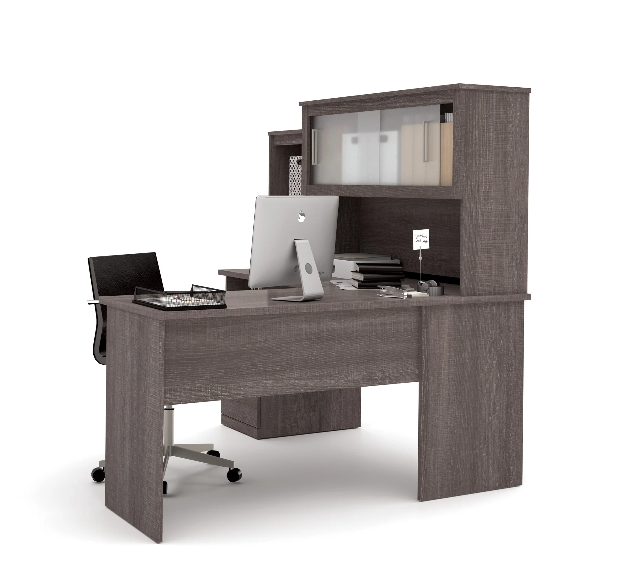 Modern Bark Gray L-shaped Desk and Hutch with Frosted Glass Doors - Image 3
