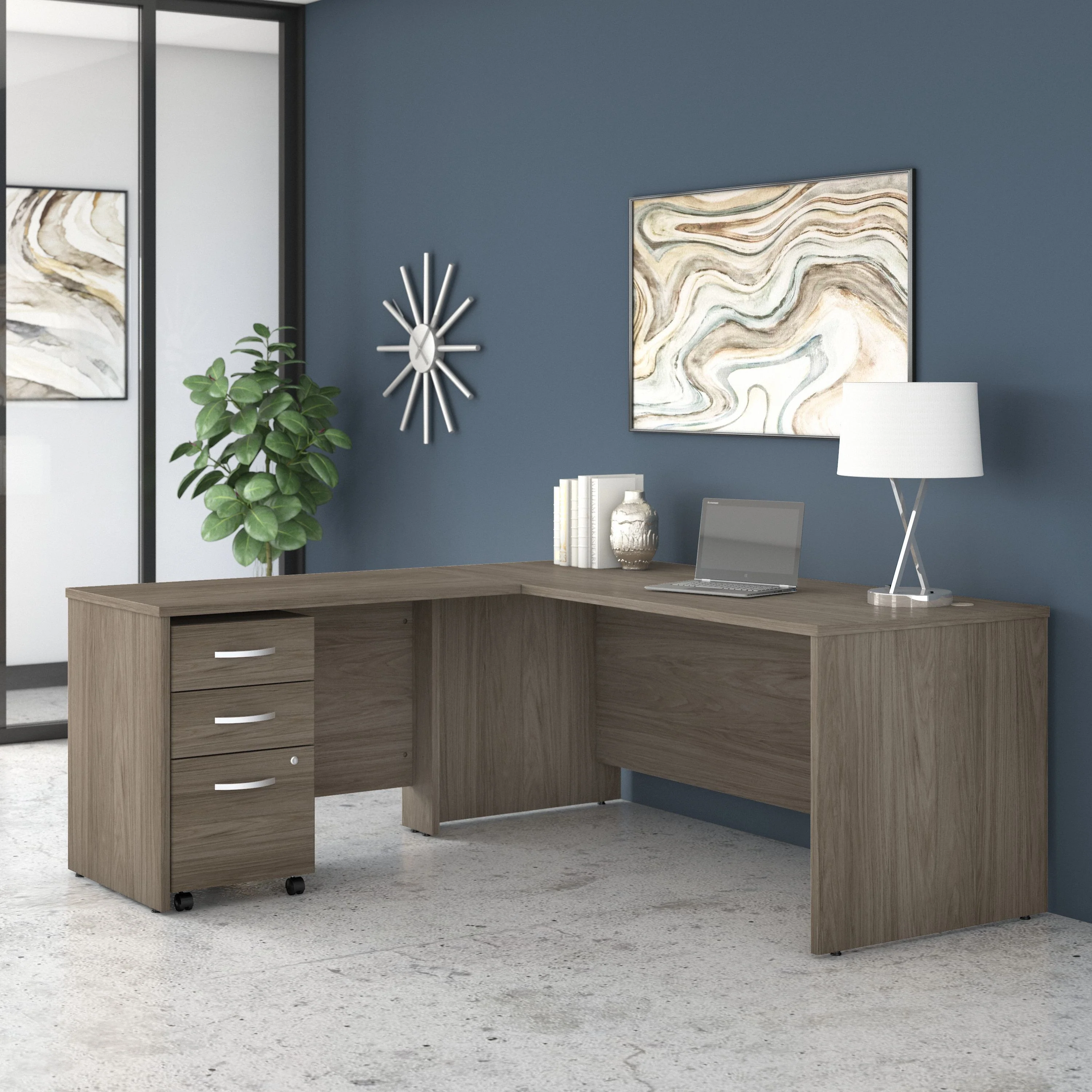 Modern Hickory 72" x 72" L-shaped Desk with Mobile Pedestal