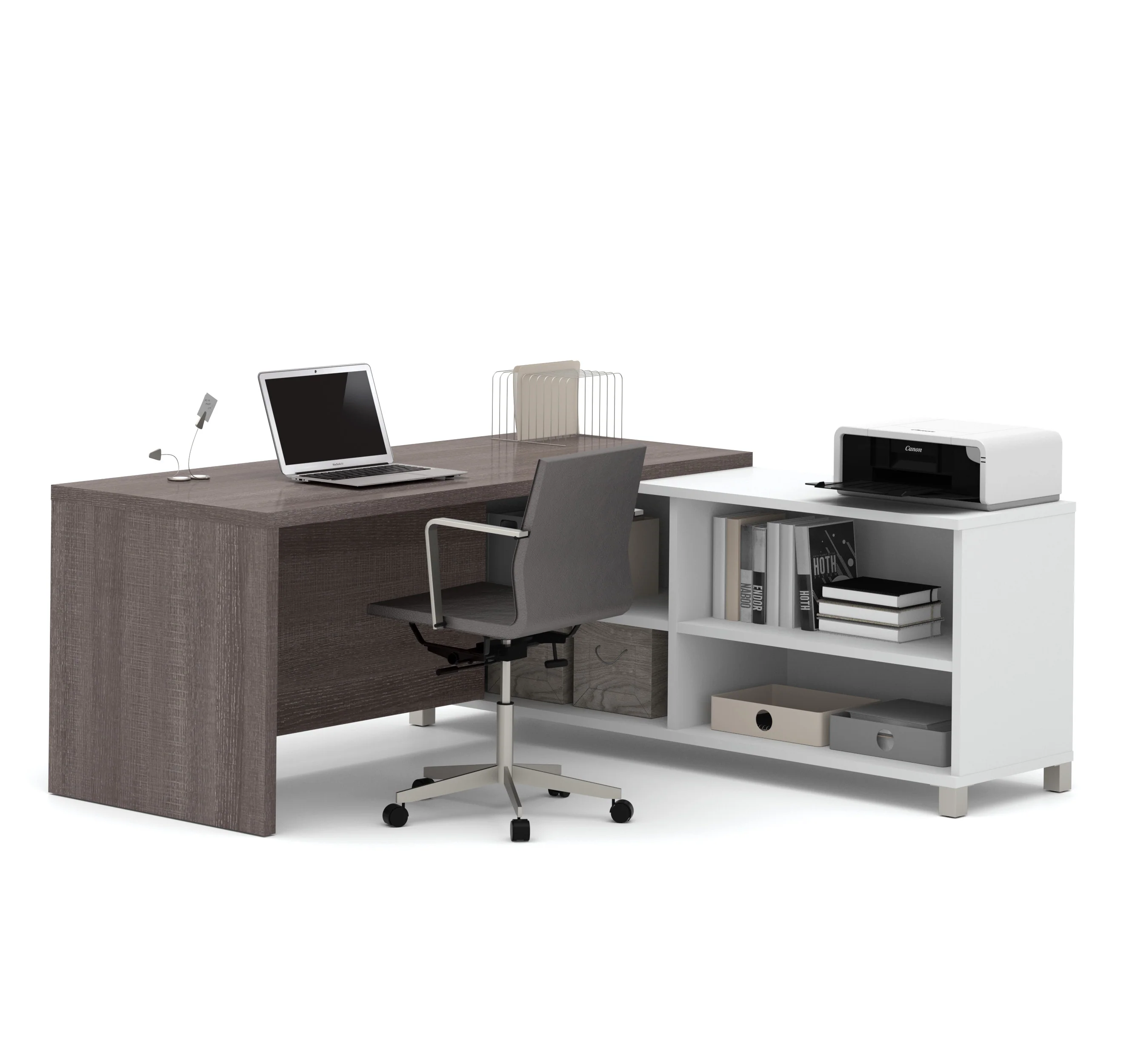 Modern L-Shaped Desk in Bark Gray & White with Integrated Shelves - Image 2