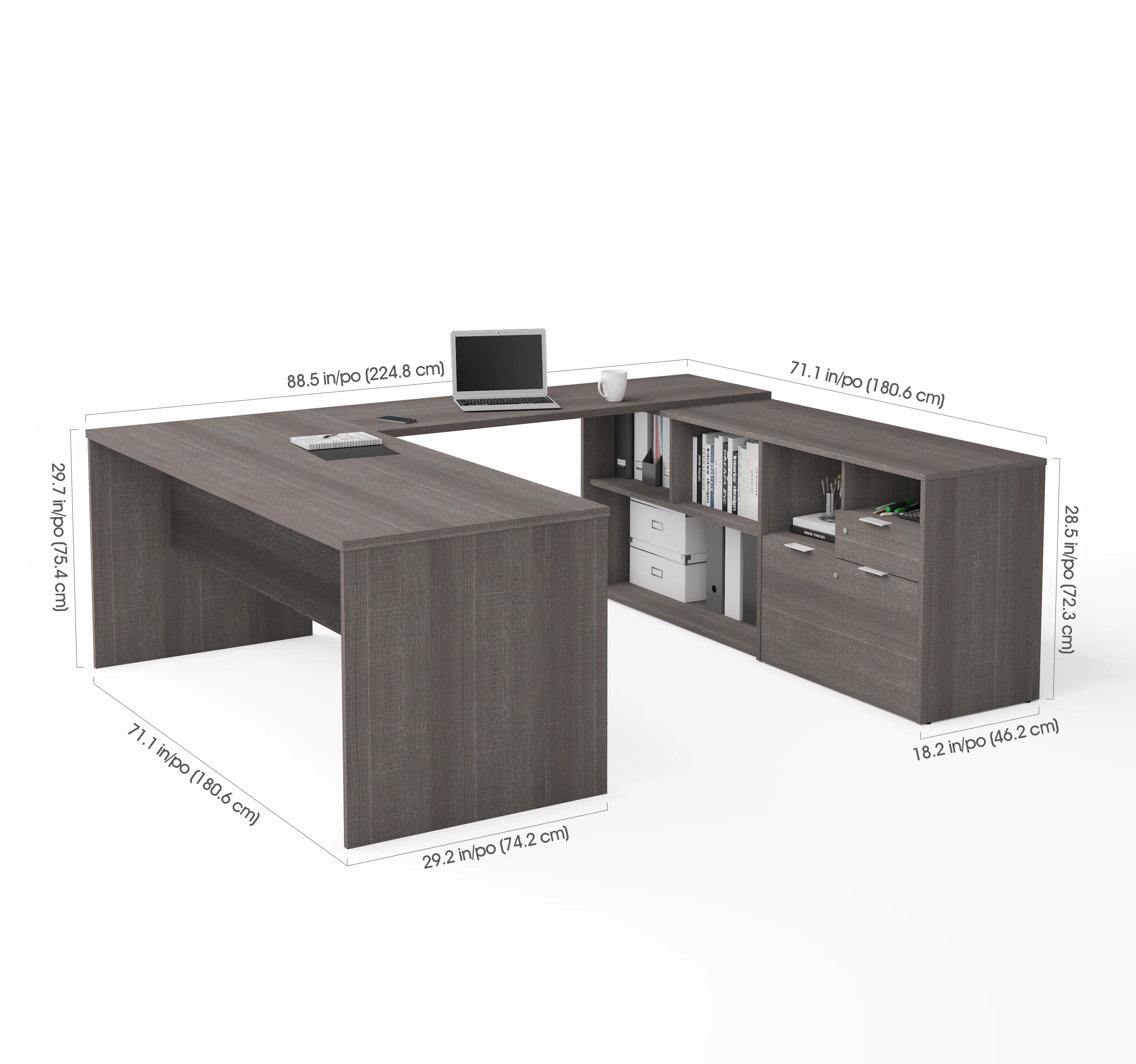 Modern U-Shaped Office Desk in Bark Gray with Credenza - Image 3