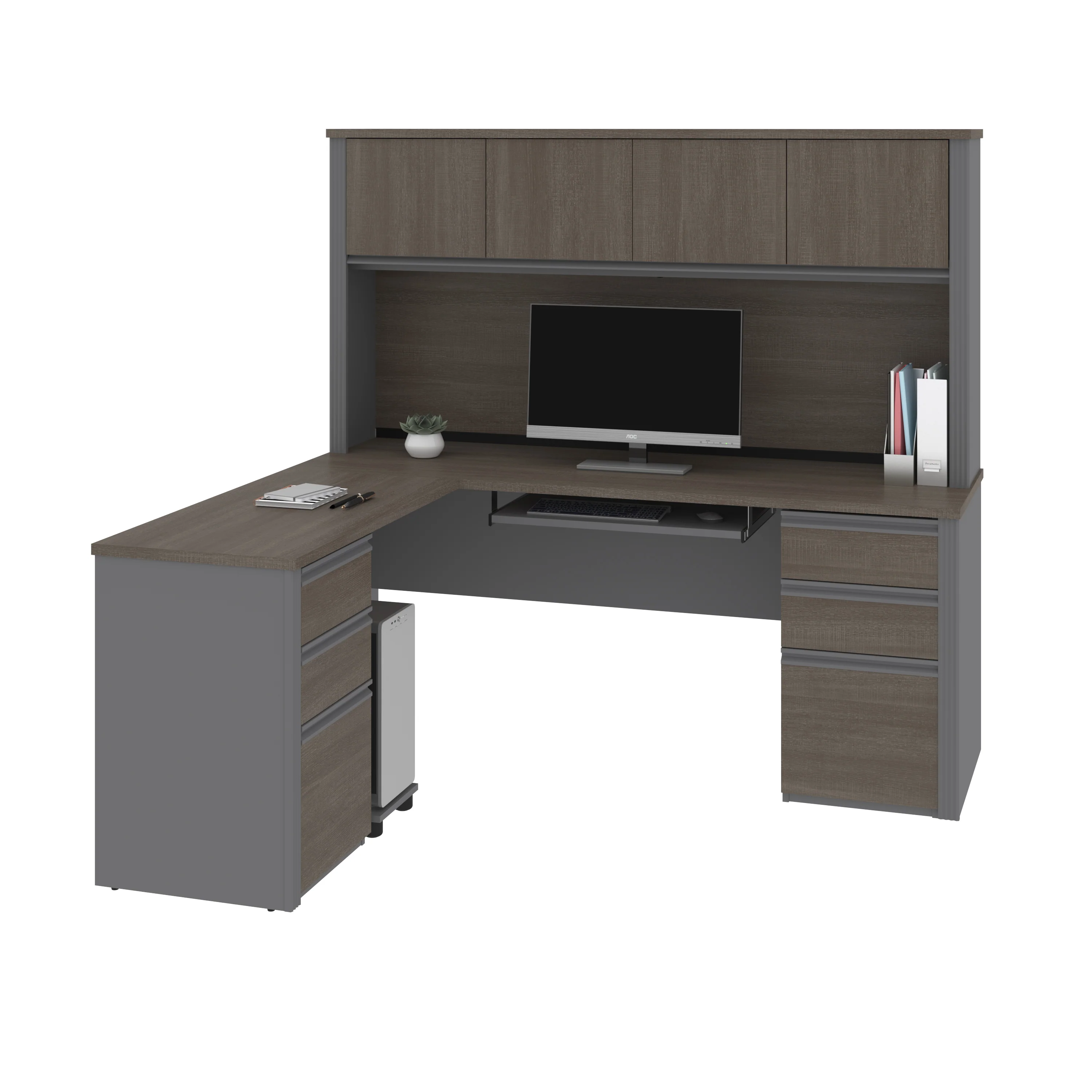 Premium L-shaped Double Pedestal Desk with Hutch in Bark Gray and Slate - Image 2