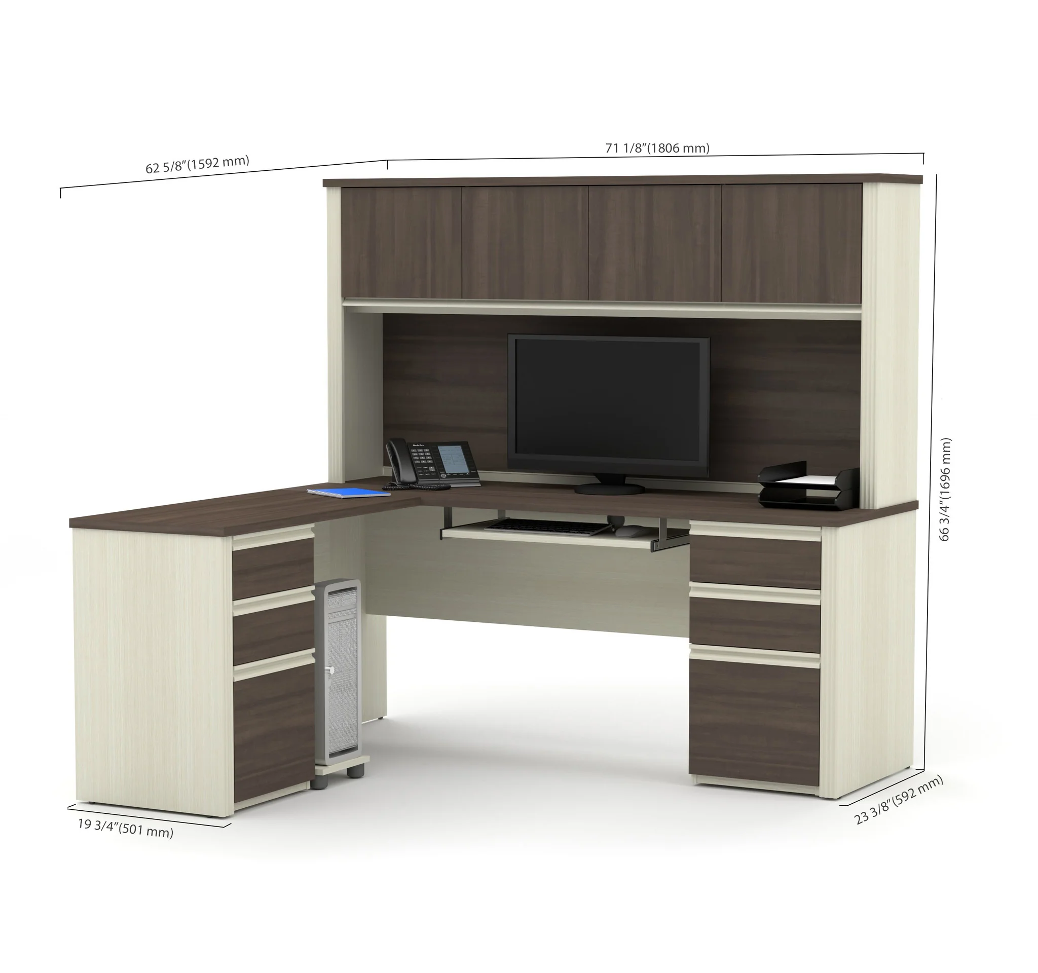 Premium L-shaped Desk with Hutch in White Chocolate & Antigua - Image 4