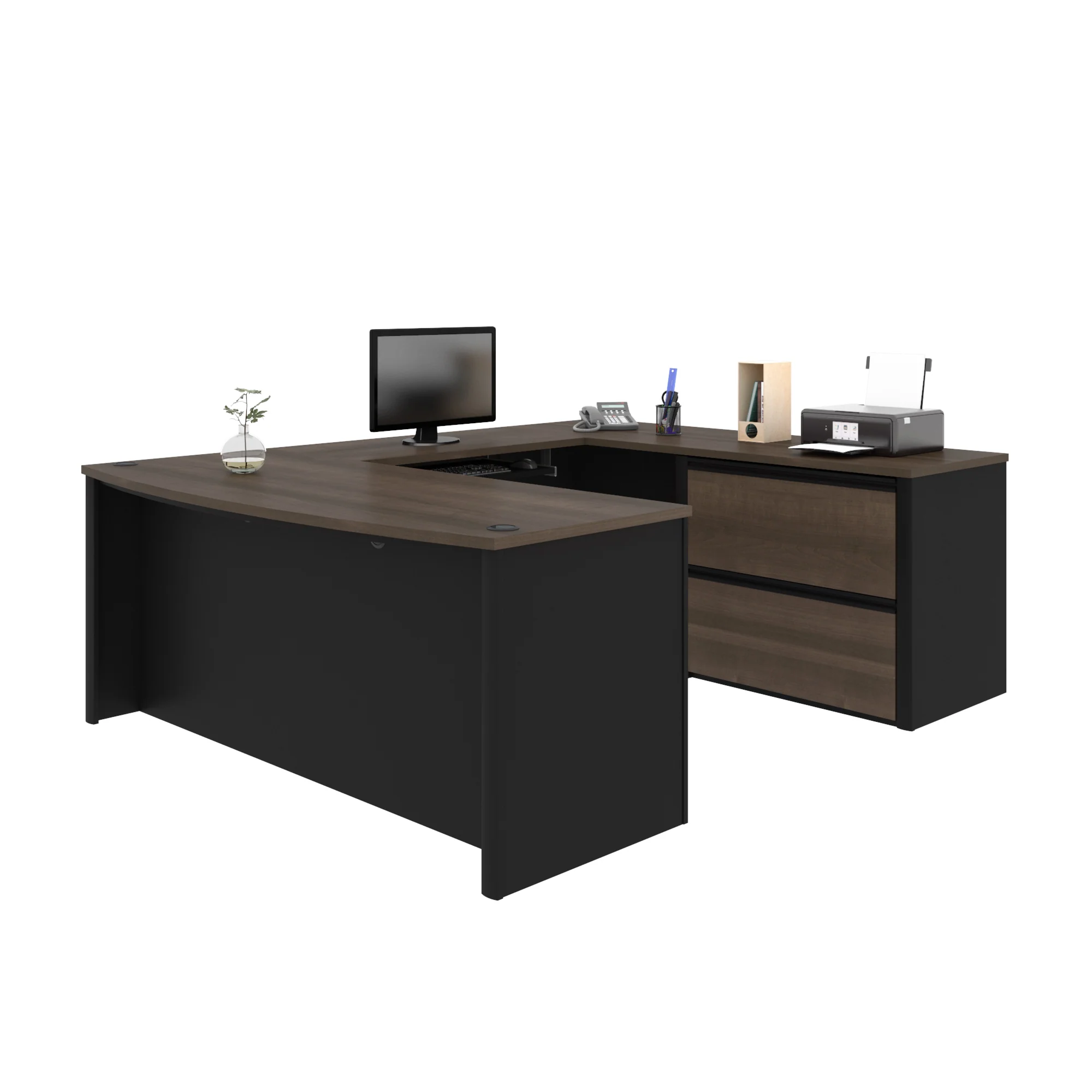 Premium U-shaped Desk in Antigua & Black with Oversized File Drawers - Image 2