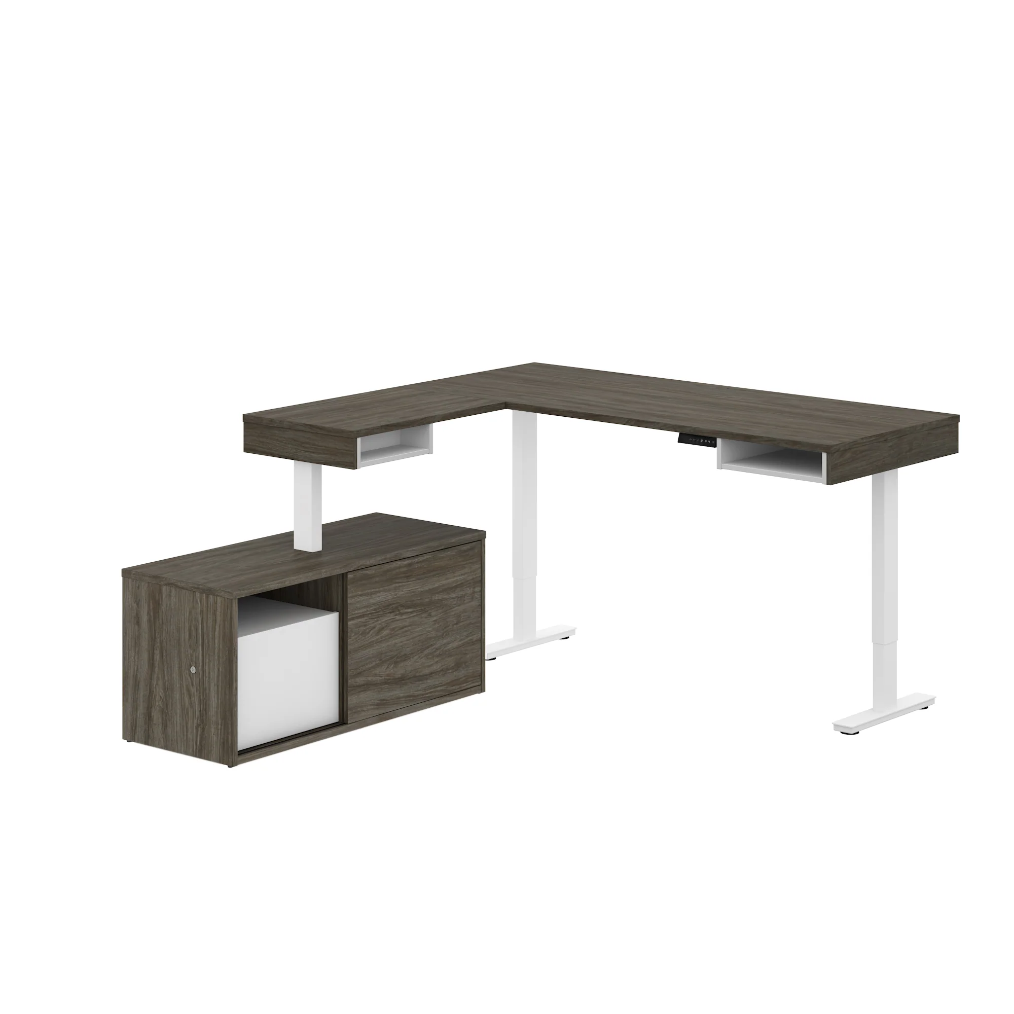 71" Programmable Standing Desk in Walnut Gray and White with Credenza - Image 3