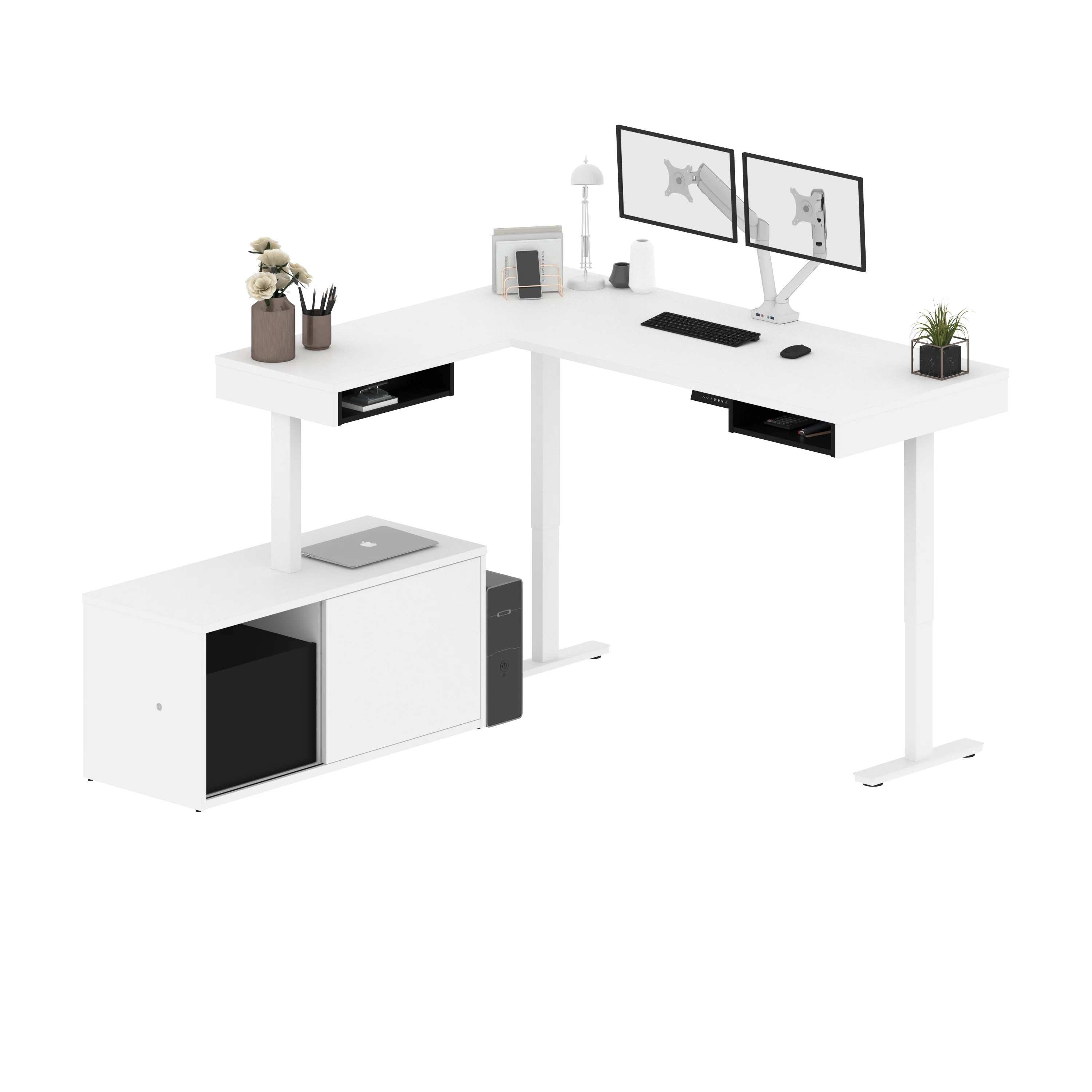 71" Programmable Desk in White and Black with Dual Monitor Arms and Credenza - Image 3
