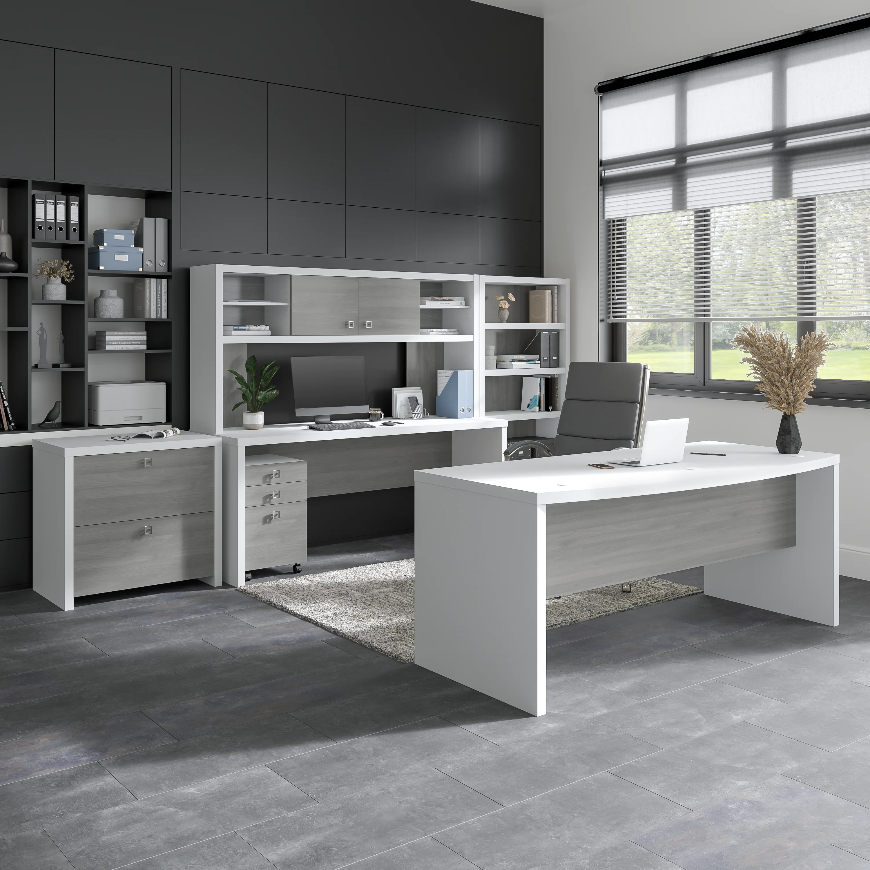 72” Modern L-Shaped Bow-Front Office Desk in Pure White & Modern Gray - Image 2