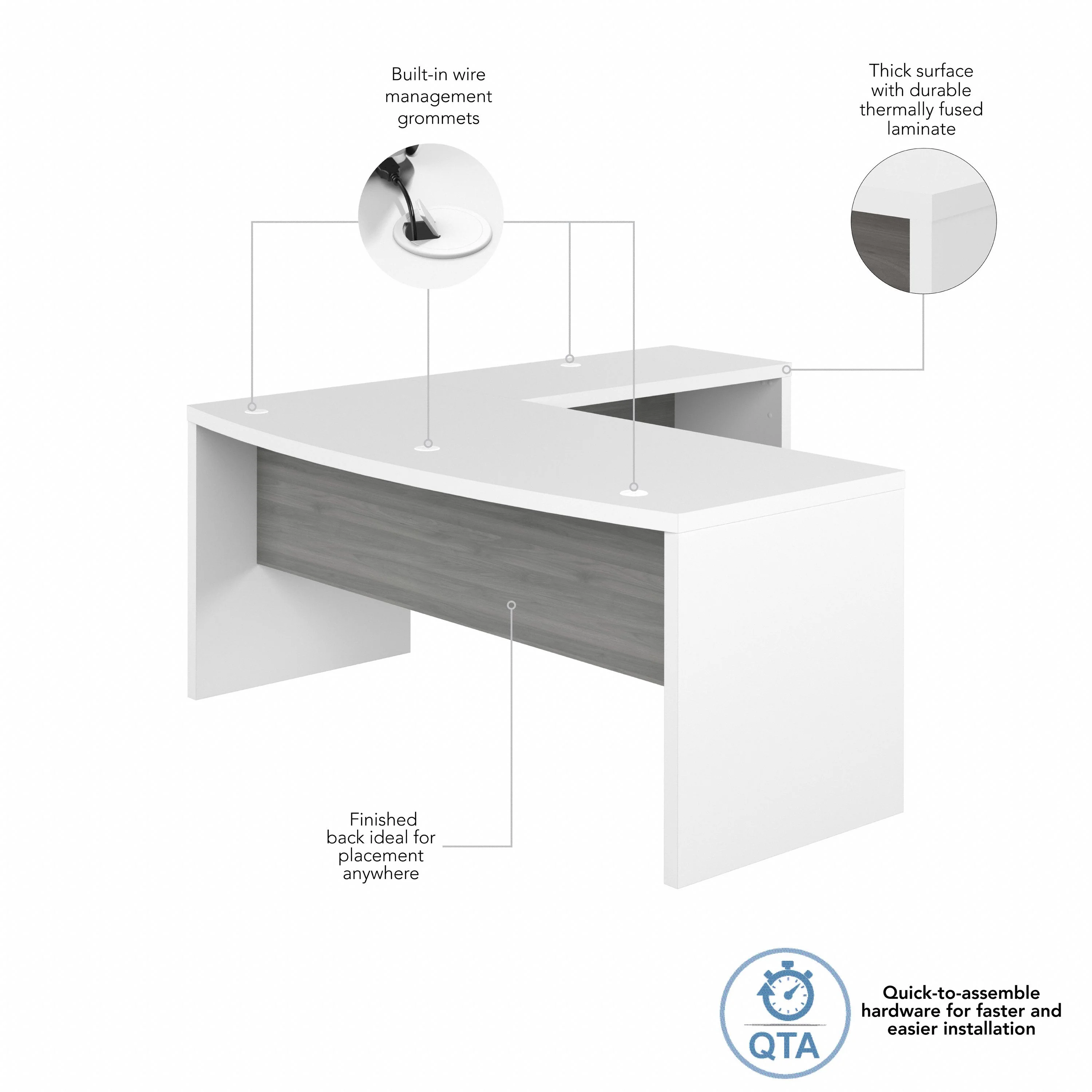 72” Modern L-Shaped Bow-Front Office Desk in Pure White & Modern Gray - Image 4