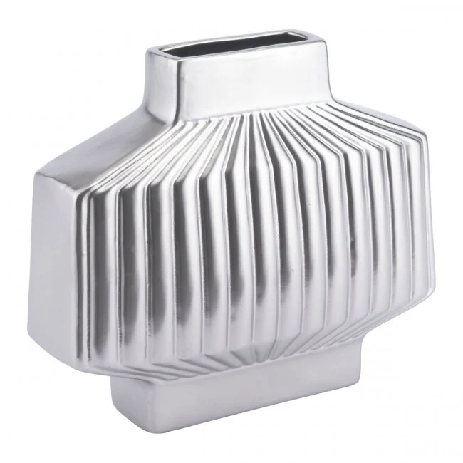 Retro Modern Silver Stoneware Ridged Vase - Image 2