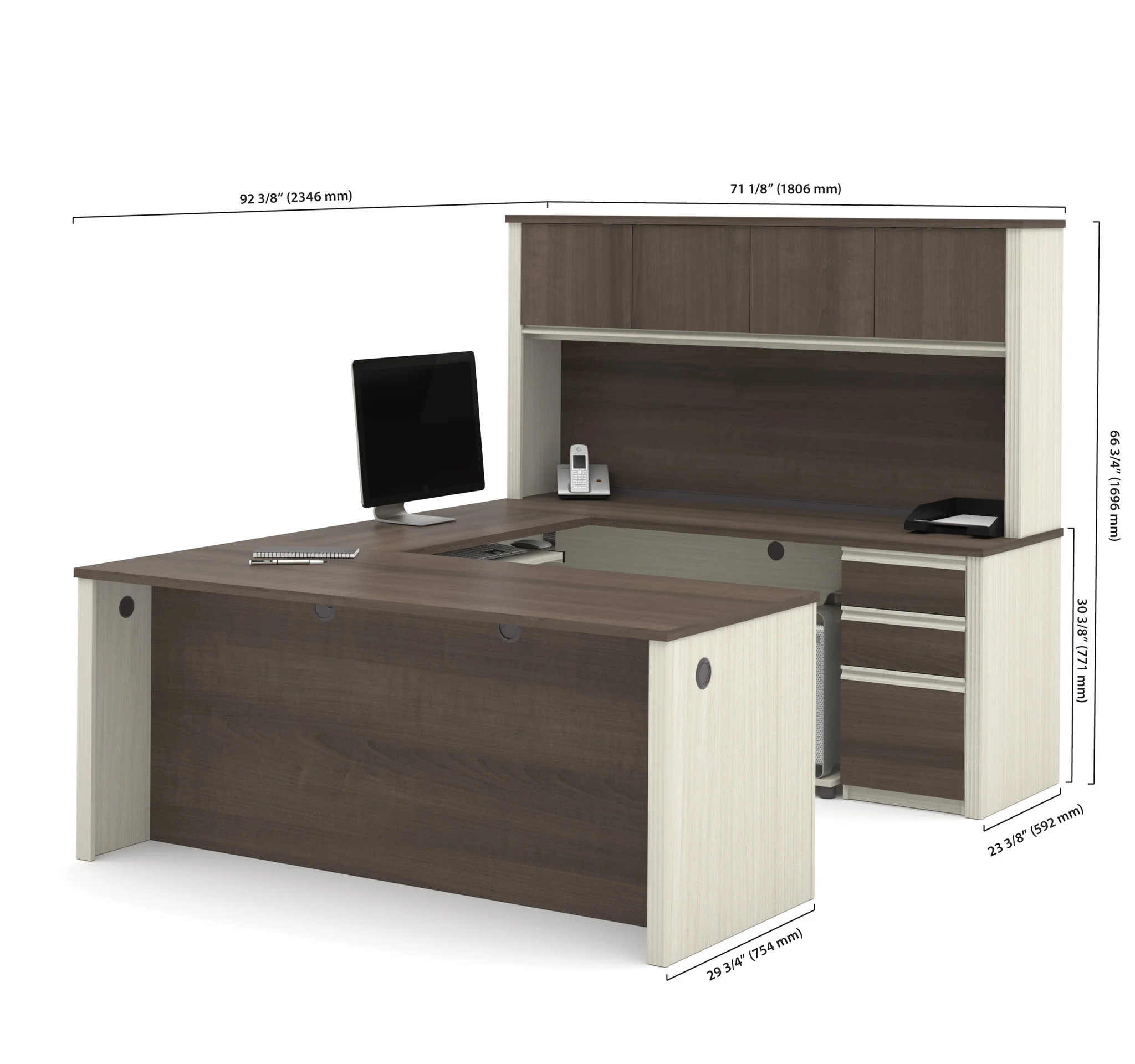 U-shaped Desk with Hutch in White Chocolate & Antigua - Image 4