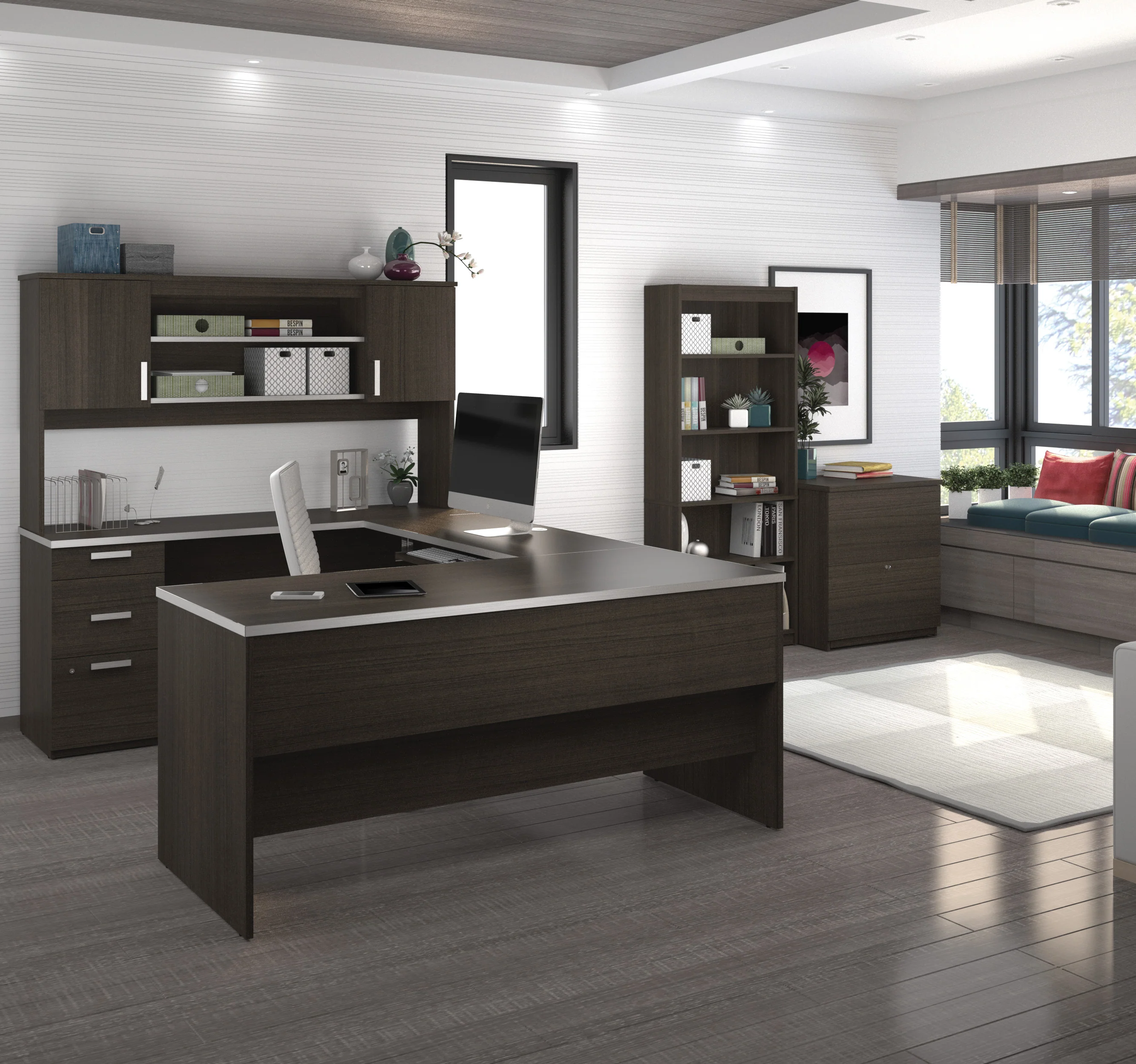 U-Shaped Executive Desk and Hutch with Dark Chocolate Top - Includes Matching File Cabinet and Bookcase