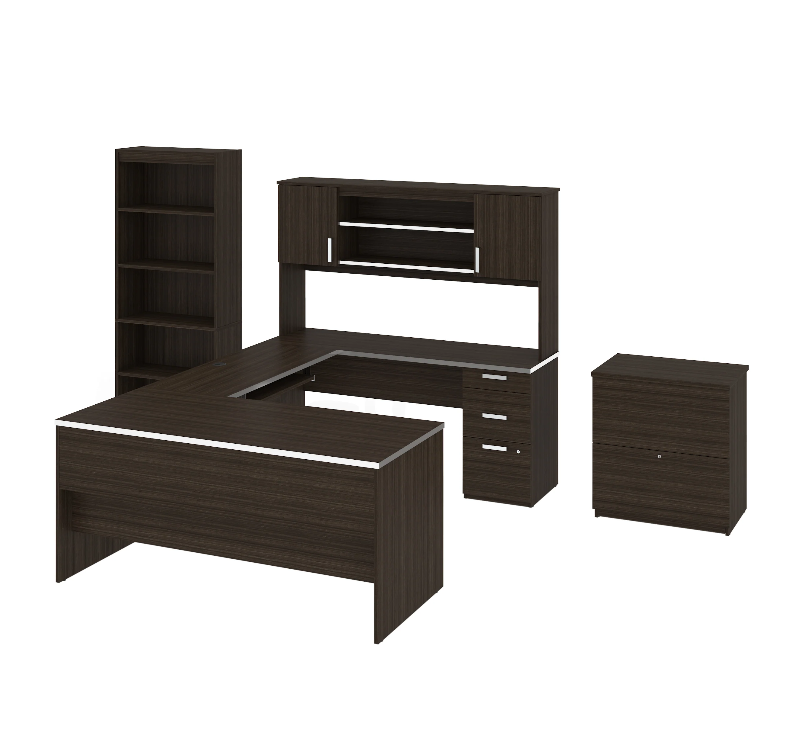 U-Shaped Executive Desk and Hutch with Dark Chocolate Top - Includes Matching File Cabinet and Bookcase - Image 2