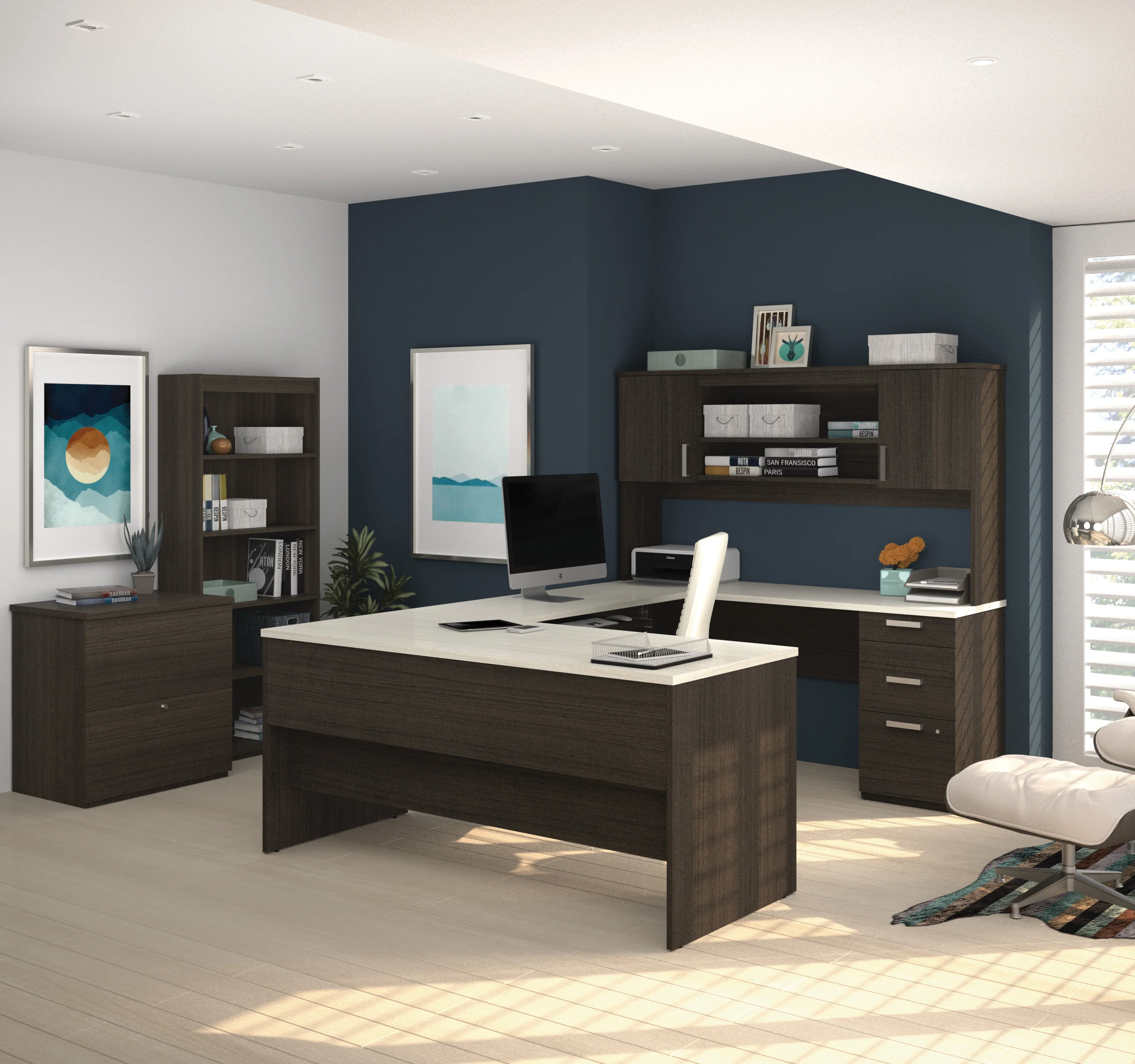 U-Shaped Executive Desk and Hutch with White Chocolate Top - Includes Matching File Cabinet and Bookcase
