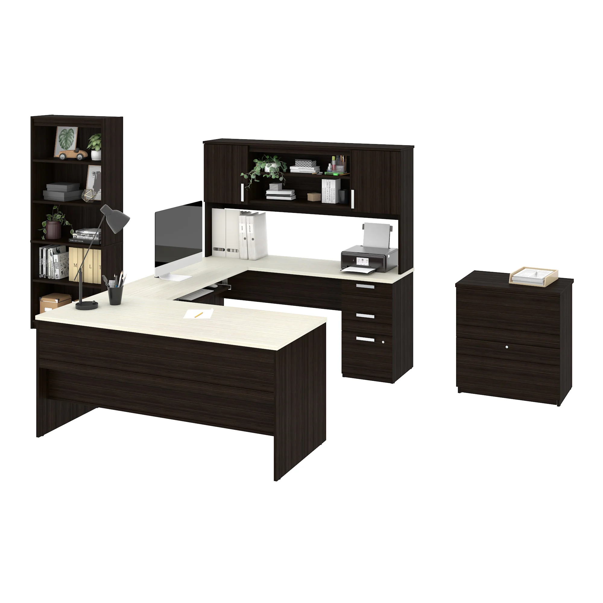 U-Shaped Executive Desk and Hutch with White Chocolate Top - Includes Matching File Cabinet and Bookcase - Image 2