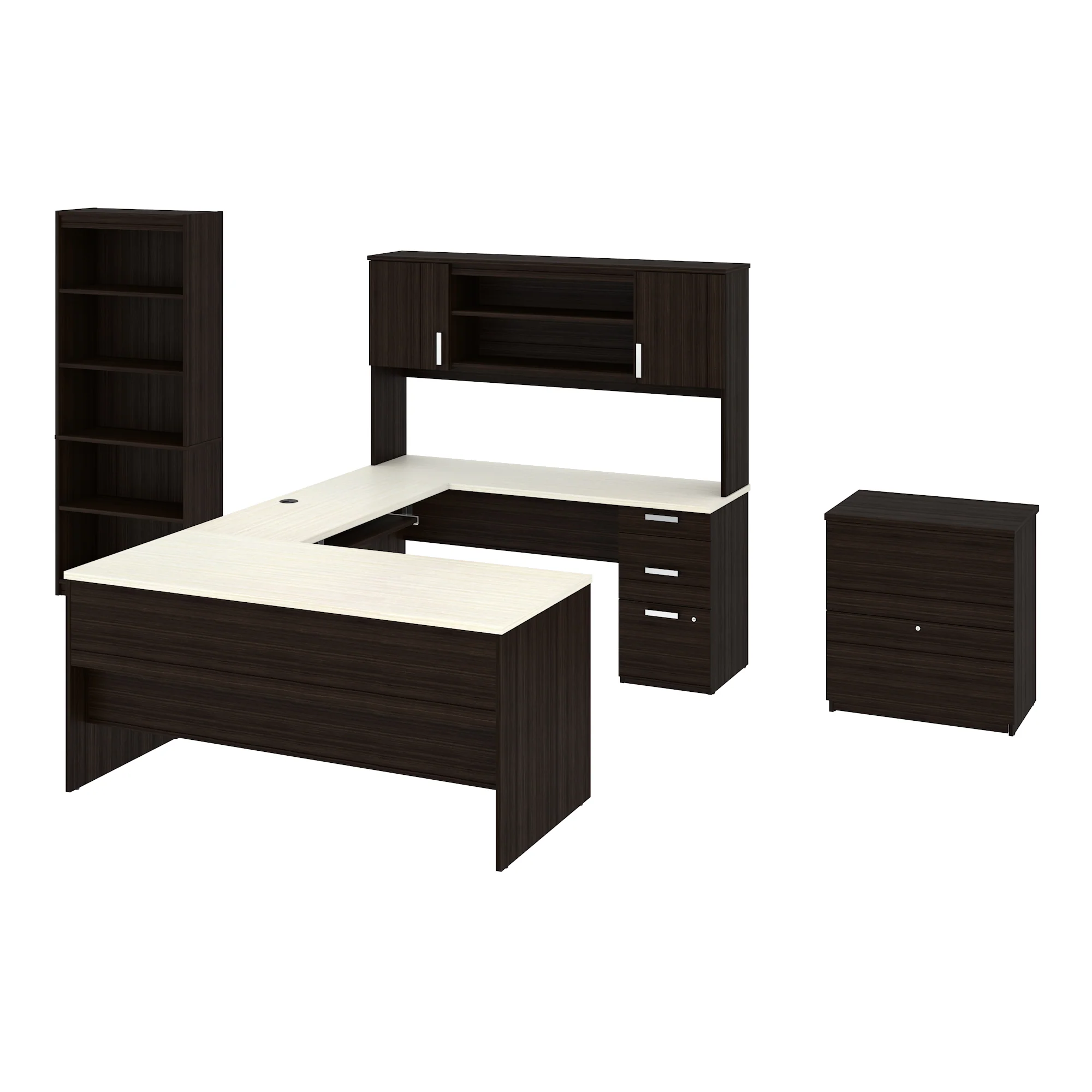 U-Shaped Executive Desk and Hutch with White Chocolate Top - Includes Matching File Cabinet and Bookcase - Image 3