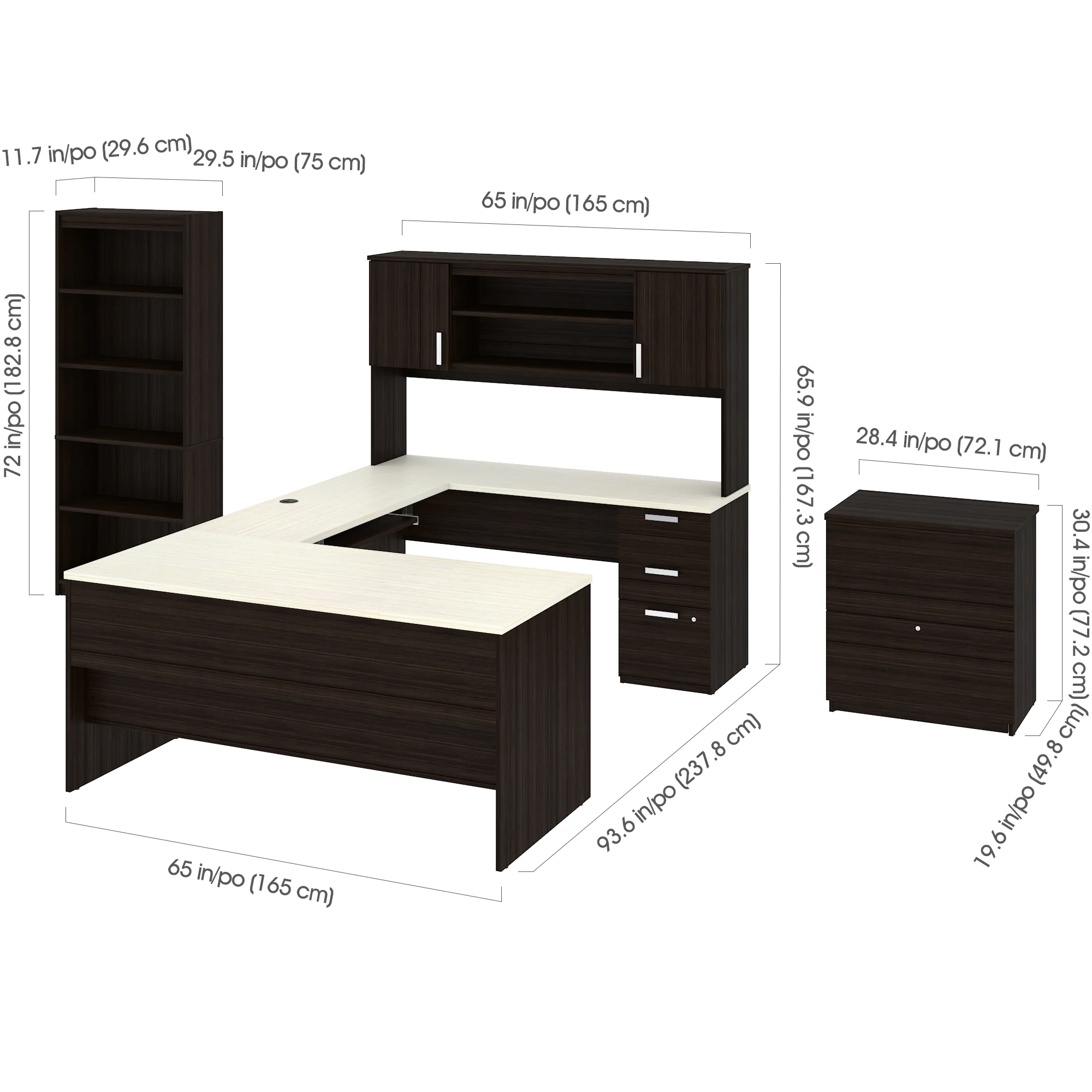 U-Shaped Executive Desk and Hutch with White Chocolate Top - Includes Matching File Cabinet and Bookcase - Image 4
