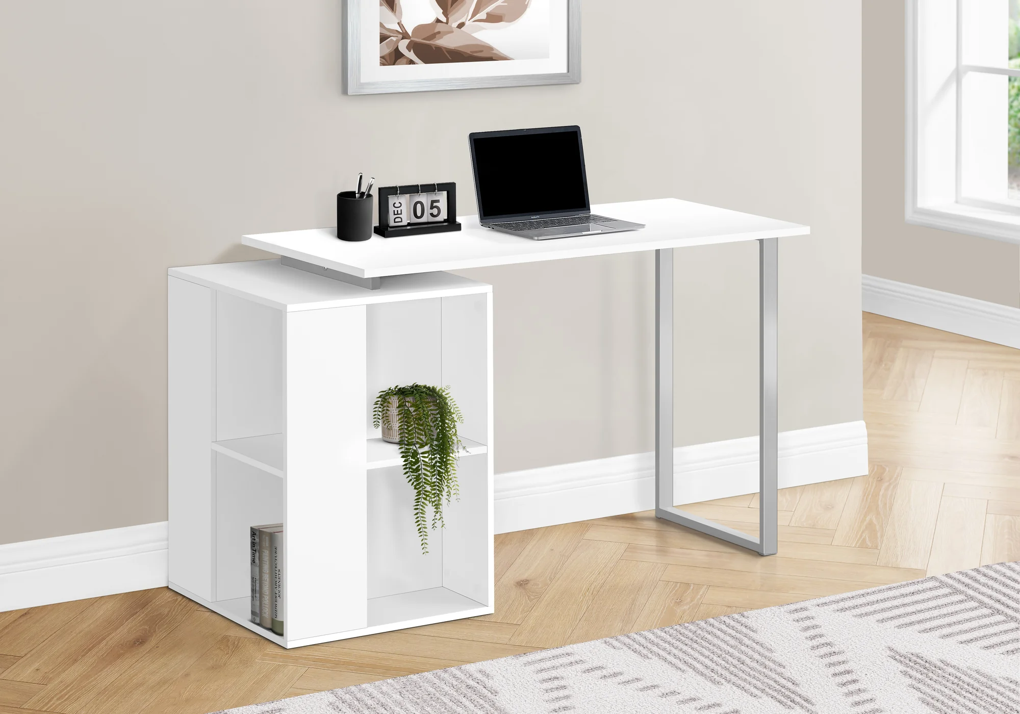 White 55" Modern Desk with Storage and U-Shaped Metal Legs - Image 2