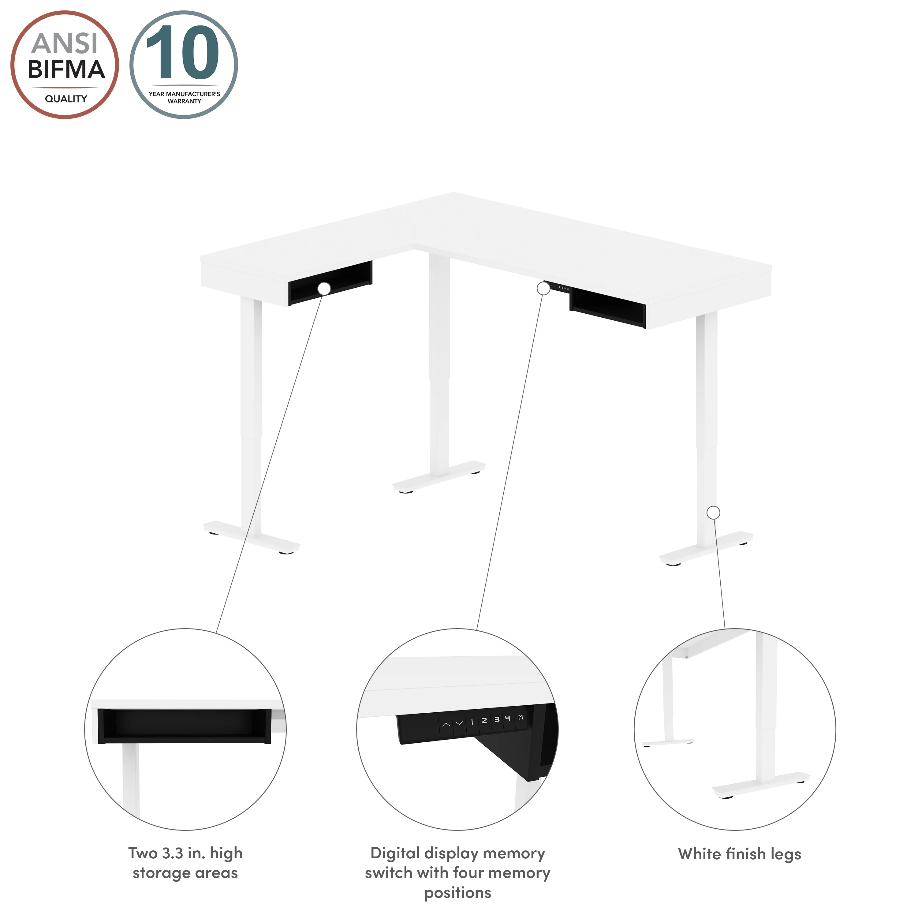71" White and Black Adjustable Standing L-Shaped Desk - Image 3