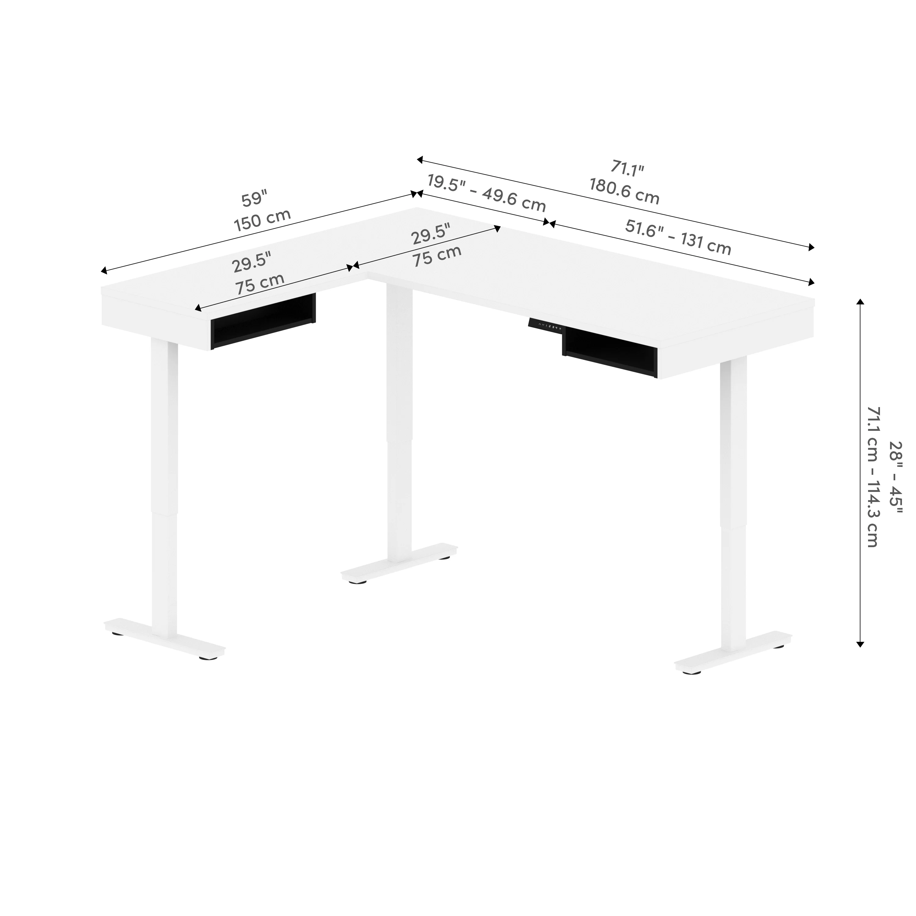 71" White and Black Adjustable Standing L-Shaped Desk - Image 4