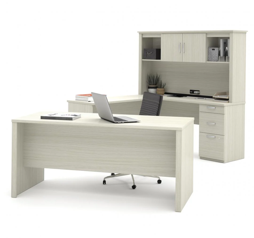 White Chocolate Premium Modern U-shaped Desk with Hutch - Image 3